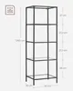 A diagram of a black, five-shelf shelving unit with dimensions indicated. Voir les images du produit