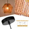 A collage showing a rattan pendant lamp, a close-up of the rattan material, and a black ceiling mount with diagrams illustrating installation on flat and sloped ceilings. Produktbild-Vorschau