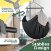 A close-up view of a black hammock chair with details highlighted by text overlays. Produktbild-Vorschau