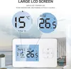 A digital thermostat is shown with close-up views of its screen displaying temperature readings. Podgląd zdjęcia produktu