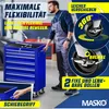 A man in overalls is shown next to a blue tool chest with drawers. The image highlights features like wheels and a handle. Produktbild-Vorschau