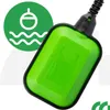 A close-up shot of a green float switch with a black cable, positioned diagonally on a light gray and white background. A green circular icon with a white illustration of a float and waves is visible in the upper left corner. Anteprima dell’immagine prodotto