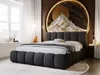 A modern bedroom with a large upholstered bed as the focal point, featuring a striking circular wall art above the headboard. Produktbild-Vorschau