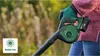 A person wearing gardening gloves holds a green and black leaf blower in an outdoor setting with blurred foliage in the background. Produktbild-Vorschau