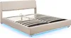 A beige upholstered bed frame with a slatted base and integrated LED lighting. Produktbild-Vorschau