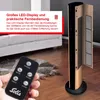 A hand holding a remote control in front of a tower fan and a sofa. Produktbild-Vorschau