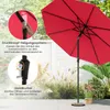 A red patio umbrella is shown in a garden setting, with close-up insets highlighting its tilt mechanism and crank. Produktbild-Vorschau