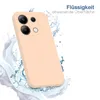 A peach-colored phone case is shown with water splashing around it, suggesting water resistance. Produktbild-Vorschau