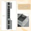 A diagram showing the dimensions of a tall, narrow cabinet with multiple shelves, a drawer, and a lower cabinet section. Produktbild-Vorschau