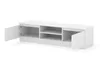 A white TV stand with open doors and shelves, shown against a white background. Voir les images du produit