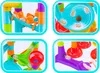 A collage of four close-up images showing different parts and features of a colorful marble run toy. Produktbild-Vorschau