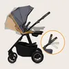 A gray Lionelo Amber Plus stroller is shown with diagrams illustrating adjustable features. A close-up inset shows the adjustable handle mechanism. Produktbild-Vorschau