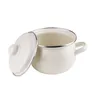 A cream-colored enamel pot with a silver rim and handle, shown with its lid slightly ajar. Produktbild-Vorschau