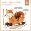 A stuffed toy deer rocking horse with measurements indicated. Produktbild-Vorschau