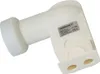 A white satellite LNB device with a label on it, isolated on a white background. Produktbild-Vorschau