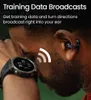 Close-up of a person wearing earbuds and a smartwatch, with text overlay about training data broadcasts. Voir les images du produit