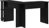 A black L-shaped desk with a wood grain texture, shown from a front-facing angle against a white background. Náhled obrázku produktu