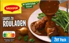 A box of Maggi sauce for rouladen, with a serving suggestion of the sauce poured over rouladen and green beans. Produktbild-Vorschau