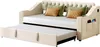 A beige upholstered daybed with a pull-out trundle bed, shown with decorative pillows. Anteprima dell’immagine prodotto