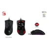 Three views of a black gaming mouse, with branding and feature callouts. Produktbild-Vorschau