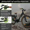 A black electric bicycle with brown accents is shown in a marketing image with text overlays and close-up details of its components. Produktbild-Vorschau