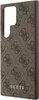 A close-up, side view of a brown phone case with a repeating Guess logo pattern and a gold Guess logo. Podgląd zdjęcia produktu