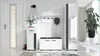 A modern hallway furniture set with a door, shoe cabinet, bench, and tall mirrored cabinet. Produktbild-Vorschau