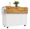 A white kitchen island with a wooden countertop and towels hanging on the side, set against a white background. Produktbild-Vorschau