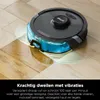 A robotic vacuum cleaner with a water tank is shown mopping a wooden floor. Produktbild-Vorschau
