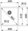 Technical drawing of a sink with dimensions and radii indicated. Podgląd zdjęcia produktu
