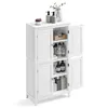 A white bathroom storage cabinet with four doors, some open to reveal toiletries and towels. Produktbild-Vorschau
