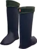 Two black boot liners with green corduroy cuffs are shown against a white background. Produktbild-Vorschau