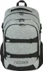 A front view of a gray and black backpack.