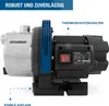 A close-up view of a HYUNDAI garden pump, highlighting its features with text labels. Produktbild-Vorschau
