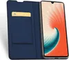 A blue flip case for a smartphone is shown open, with a gold card inserted into a slot. Produktbild-Vorschau