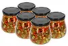 Six glass jars filled with chopped vegetables and sealed with black lids, arranged in two rows on a white background. Anteprima dell’immagine prodotto