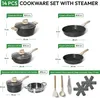 A collage of cookware items and accessories with dimensions and labels. Podgląd zdjęcia produktu