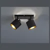 A black ceiling light fixture with two adjustable spotlights, each with a black exterior and a gold interior. Podgląd zdjęcia produktu