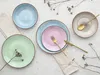 A top-down view of a set of colorful ceramic plates and cutlery arranged on a textured surface with dried plant sprigs. Náhľad obrázku produktu