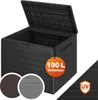 A black plastic garden storage box with its lid open, shown on a white background. There are two circular swatches of different wood grain colors (brown and gray) and a circular orange tag with text indicating volume and UV protection. Produktbild-Vorschau