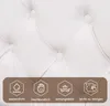 A close-up of a white tufted upholstery with four hexagonal icons and text below them. Produktbild-Vorschau