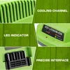 A collage of four images showcasing different features of a Greenworks battery charger. Produktbild-Vorschau