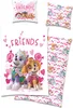 A collage of Paw Patrol themed bedding items, including a pillowcase and a duvet cover, featuring characters and hearts. Produktbild-Vorschau