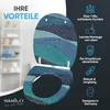 A toilet seat with a mosaic pattern is displayed with marketing text and icons highlighting its features. Produktbild-Vorschau