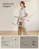 A woman is holding a folded aluminum ladder. Below are two comparison panels showing different ladders and their weights. Produktbild-Vorschau
