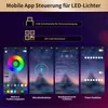 Screenshots of a mobile app for controlling LED lights, showcasing features like color adjustment, microphone function, music control, and timer. Anteprima dell’immagine prodotto