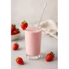 A strawberry smoothie in a glass with a spoon and fresh strawberries around it. Podgląd zdjęcia produktu