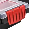 A close-up view of a red plastic latch on a clear and black storage box. Náhľad obrázku produktu