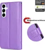 A purple flip case for a smartphone, shown with a magnetic closure detail and branding. Produktbild-Vorschau
