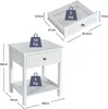 A white nightstand with a drawer and a shelf, shown with dimensions and weight capacity labels. A separate image shows an open drawer with dimensions and weight capacity. Anteprima dell’immagine prodotto